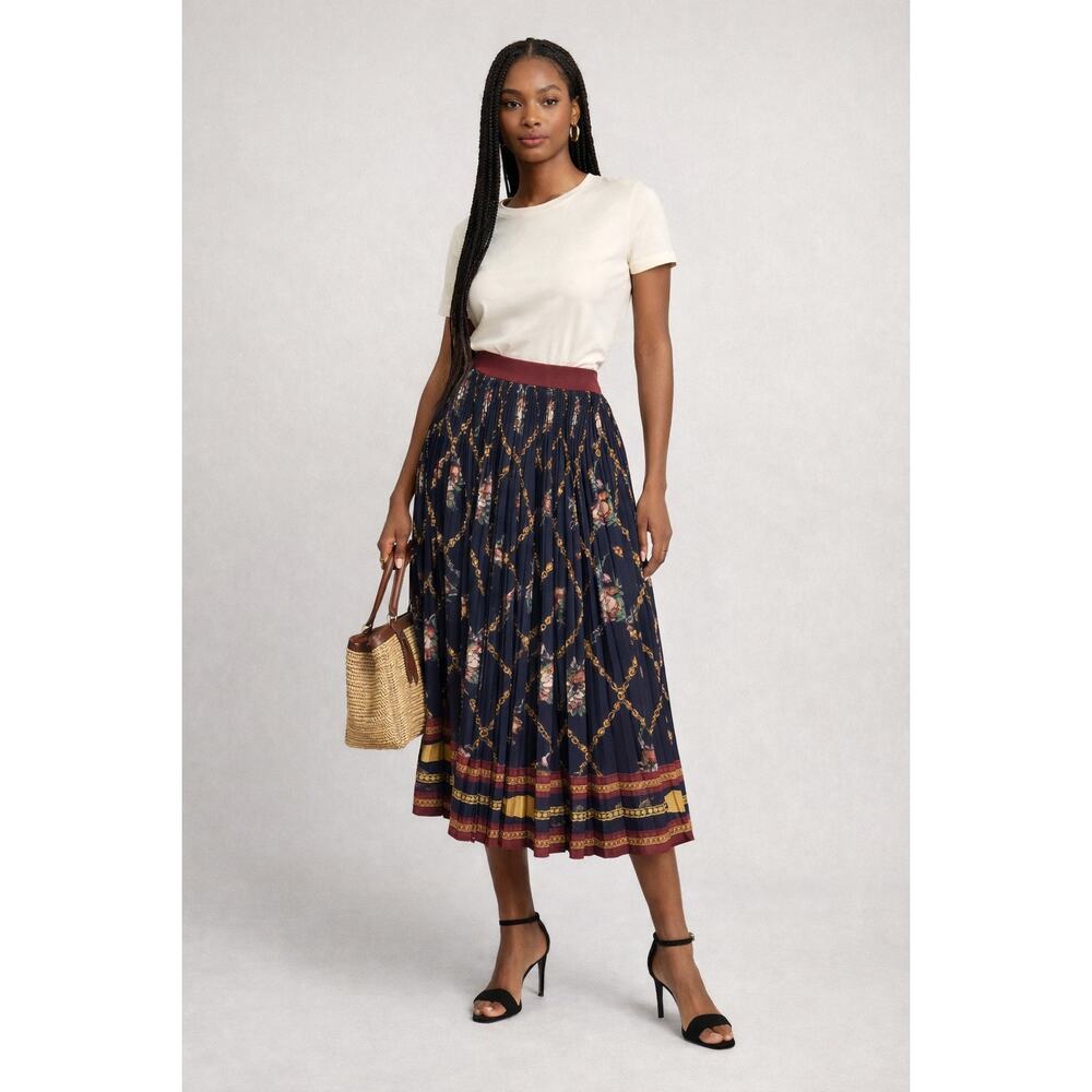 Zara Woman Pleated Midi Skirt Floral Chain Scarf Print Burgundy Waist Sz L